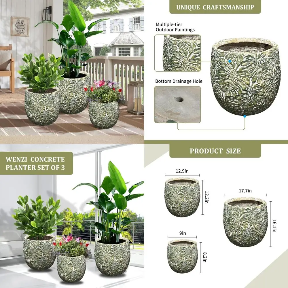 

Большой бетонный горшок из 3-х шт. — уличные/внутренние цветочные горшки с дренажем для сада и домашнего декора