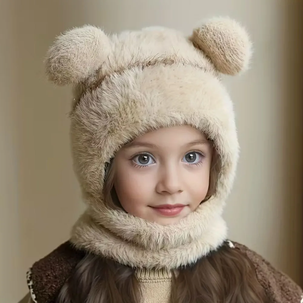 

2-8Y Girls' Winter Hat & Neck Warmer - Thick Insulated Bear Ears & Face Mask, Soft Plush Texture, Adjustable Snap Closure