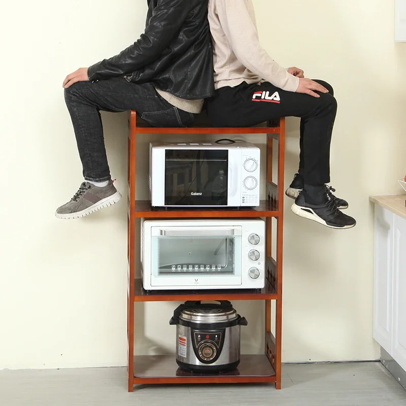 رف المطبخ، رف فرن الميكروويف متعدد الطبقات من الخشب الصلب من الأرض إلى السقف، خزانة منزلية لتخزين الأواني