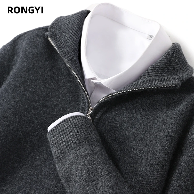 RONGYI  Autumn And Winter 100% Merino Wool Men's Pullover Sweater Turndown Collar Zipper Solid Color Knitted Padded Coat Jacket