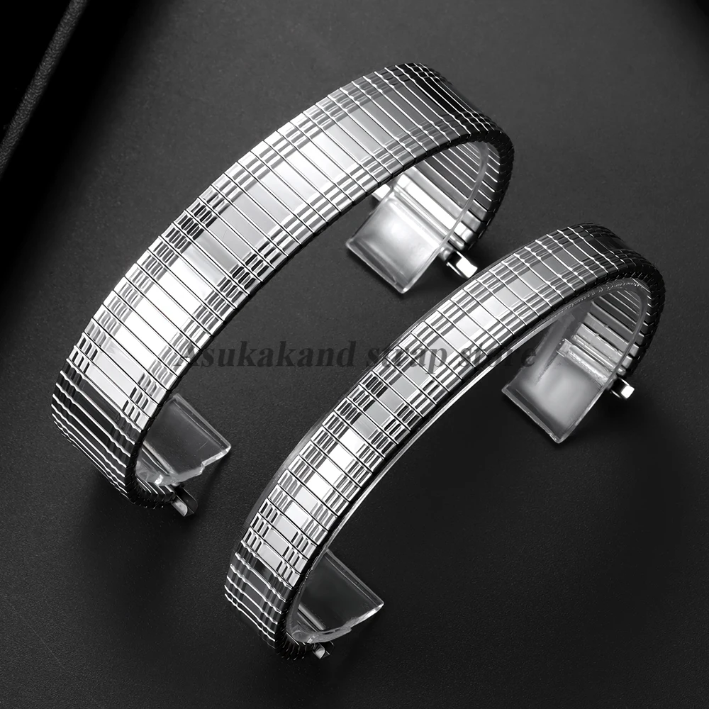 جديد الفولاذ المقاوم للصدأ مطاطا حزام (استيك) ساعة الفضة العالمي 10-14 مللي متر 16-23 مللي متر النساء الرجال المعادن التوسع حزام ساعة اليد قابل للتعديل الفرقة