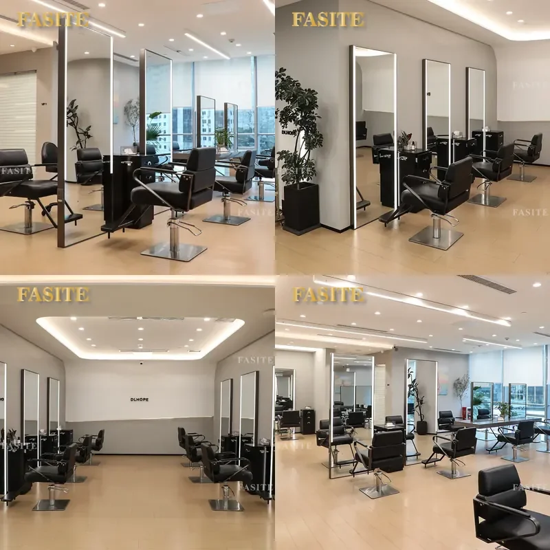 For Hair Barber Shop Floor to Ceiling Stainless Steel Mirror with Lamp Perm Dye Station Beauty Furniture