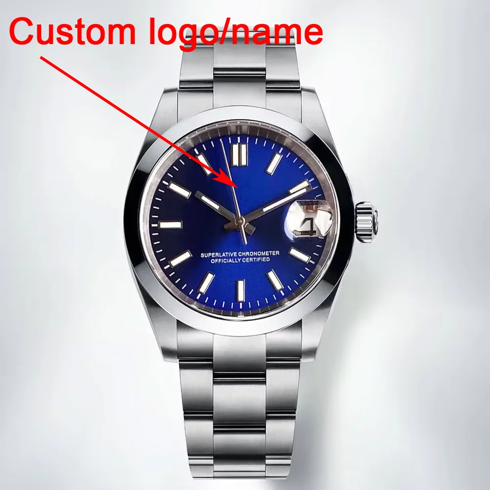 Customized 36mm/39mm Polished Fixed Bezel NH35 Mechanical Watch For Men Date Stick Index SapphireCrystal Bracelet Glidelock