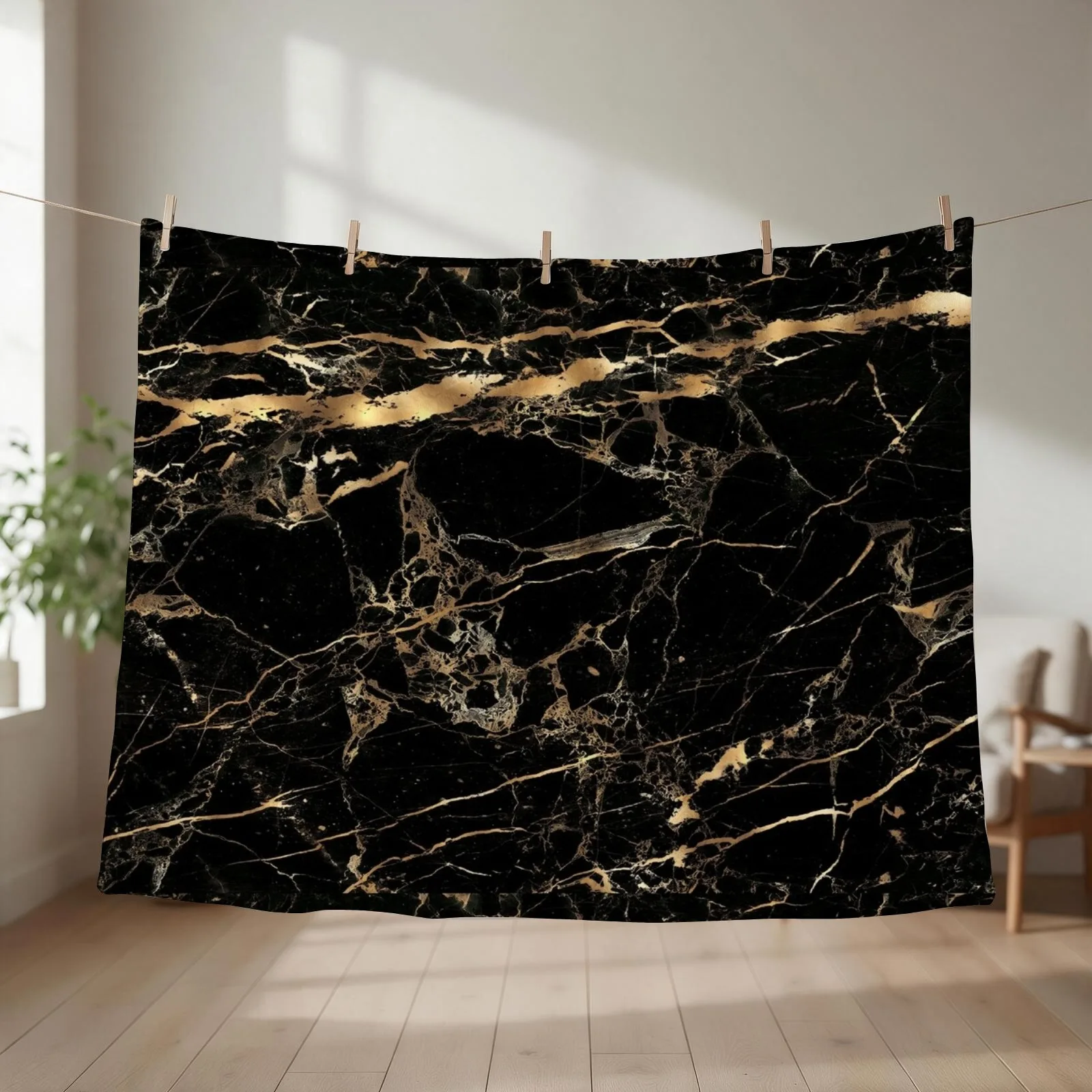 Black Marble Gold Veins Throw Blanket couch cozy soft plush fuzzy picnic outdoor blanket