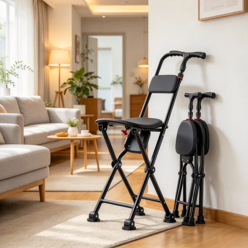 4-Leg Foldable Walking Cane with Seat, Lightweight Anti-Slip Mobility Stool for Elderly, Portable Tripod Chair for Travel