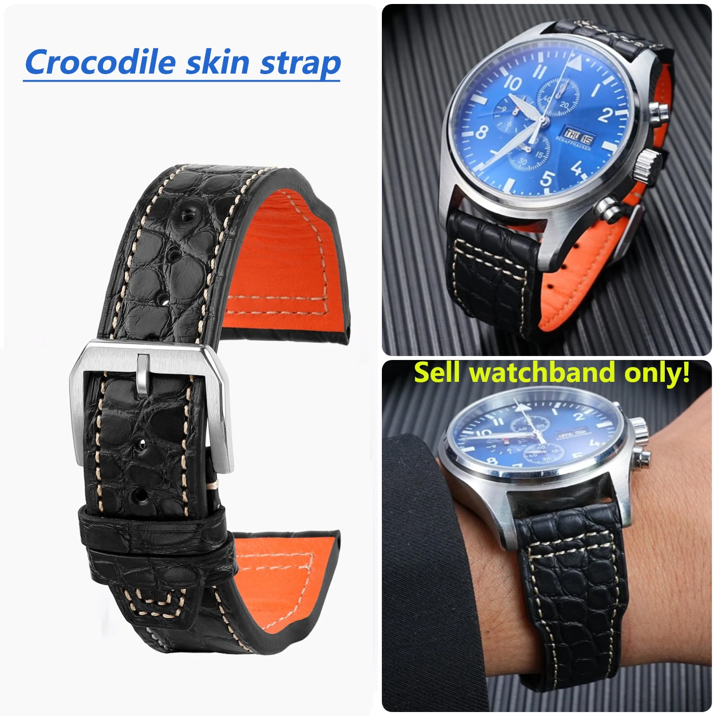 20/21/22mm Genuine Alligator strap For IWC Pilot Mark 327004/377714 crocodile skin + Cowhide bottom Watchband men's Bracelet