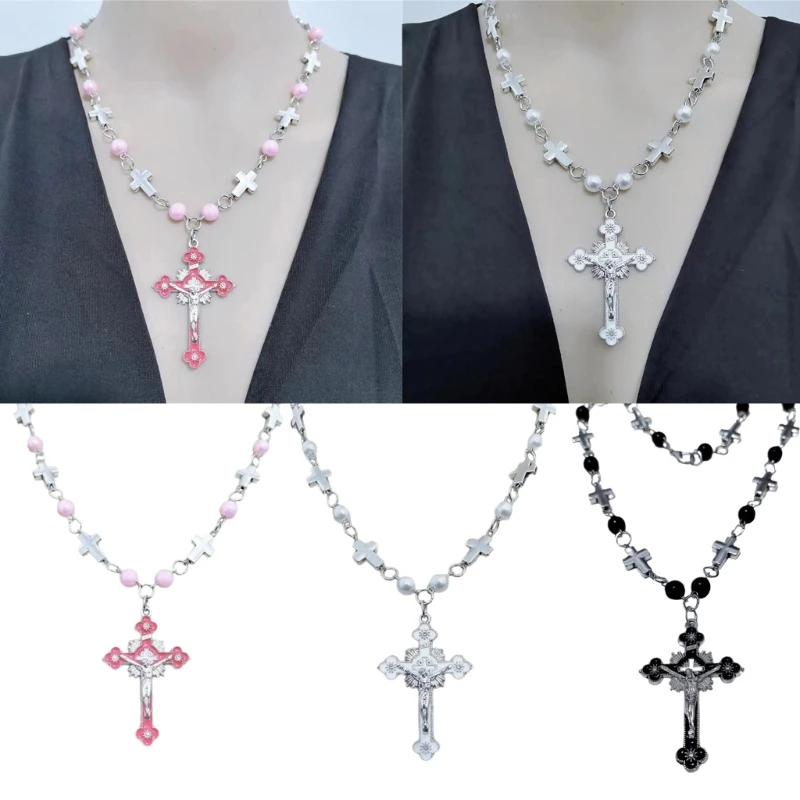 Handmade Pearls Bead Rosary Necklace for Womens Man Crucifix Cross Pendant Clavicle Chain Religious Prayer Jewelry Gift