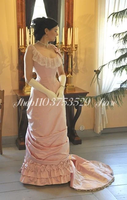 

Pink Elegant Victorian Prom Dress Vintage Round Neck Satin Lace Appliqué With Ruffles Renaissance Women's Party MasqueradeCustom