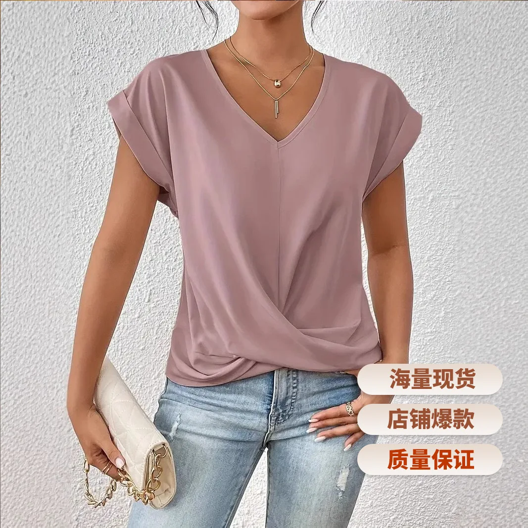 Summer V-neck T-shirt Elegant Twist Short Sleeved Top For Women Shirts Y2k Tops Mujer