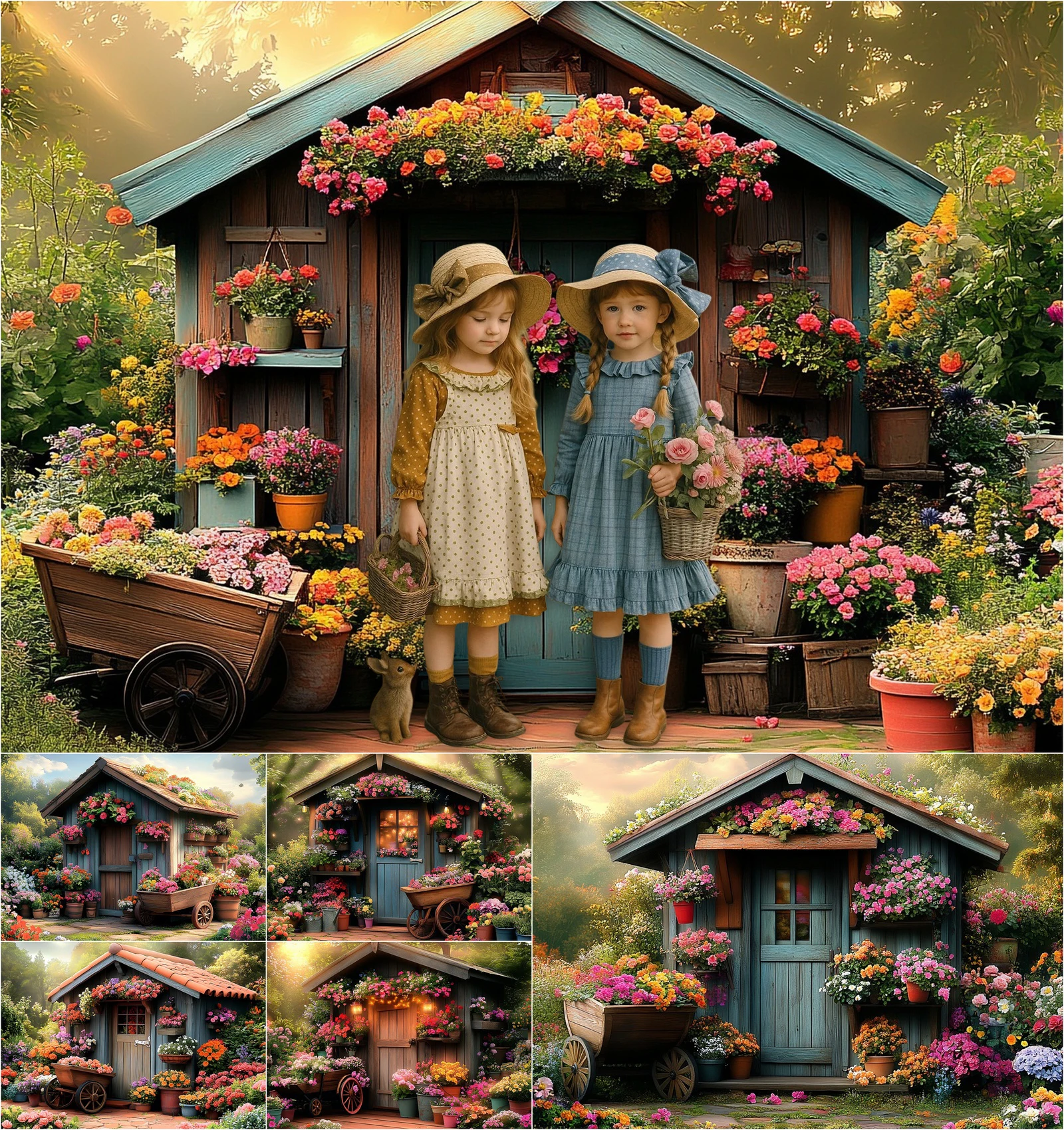 Mehofond Spring Cottage Photography Backdrop Rose Flower Cart  Decoration Kids Baby Portrait Background Photo Studio