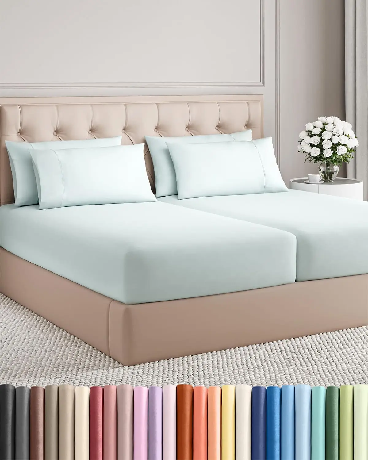 

Split King 7-Piece Cooling Bed Sheet Set with Deep Pockets, Soft Microfiber, Wrinkle-Free - Ice Blue