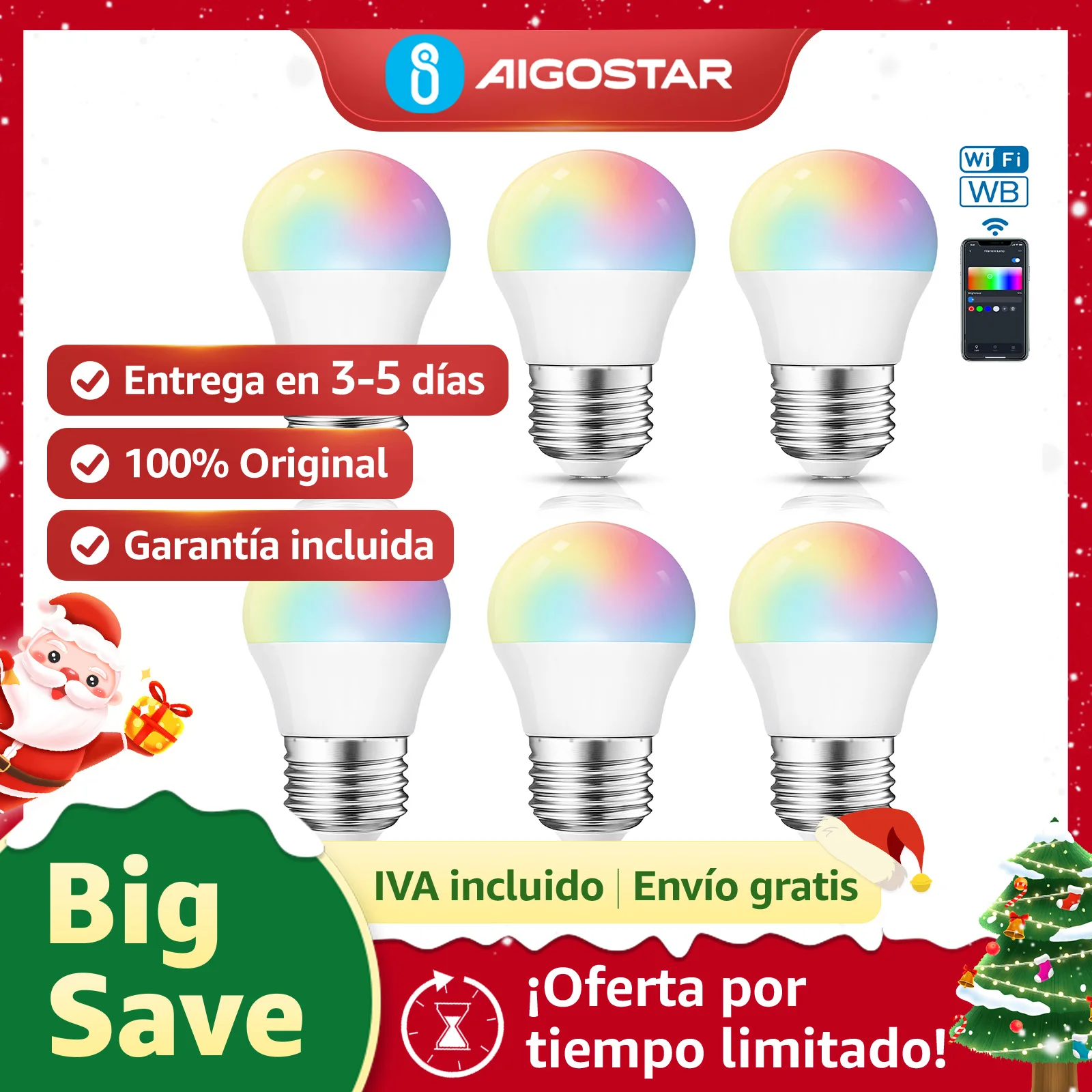 Aigostar 6 Pack Bombillas Inteligentes Wi-Fi G45 E27 6.5W RGBCW, compatibles con Alexa/Google Home. Sin Hub necesario