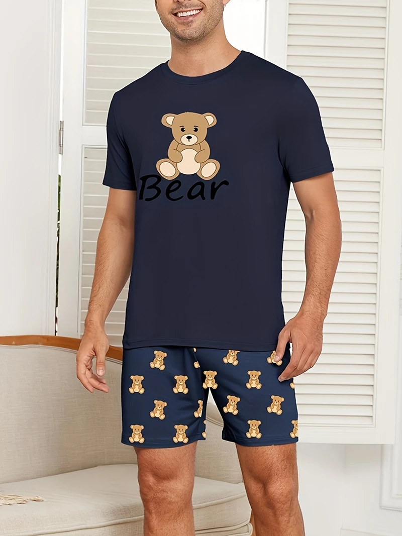

Letters Bear Print Pajama Set Short-Sleeve Top And Loose Shorts Breathable Fabric Large Size Fit Men's Loungewear Sleepwear Pjs