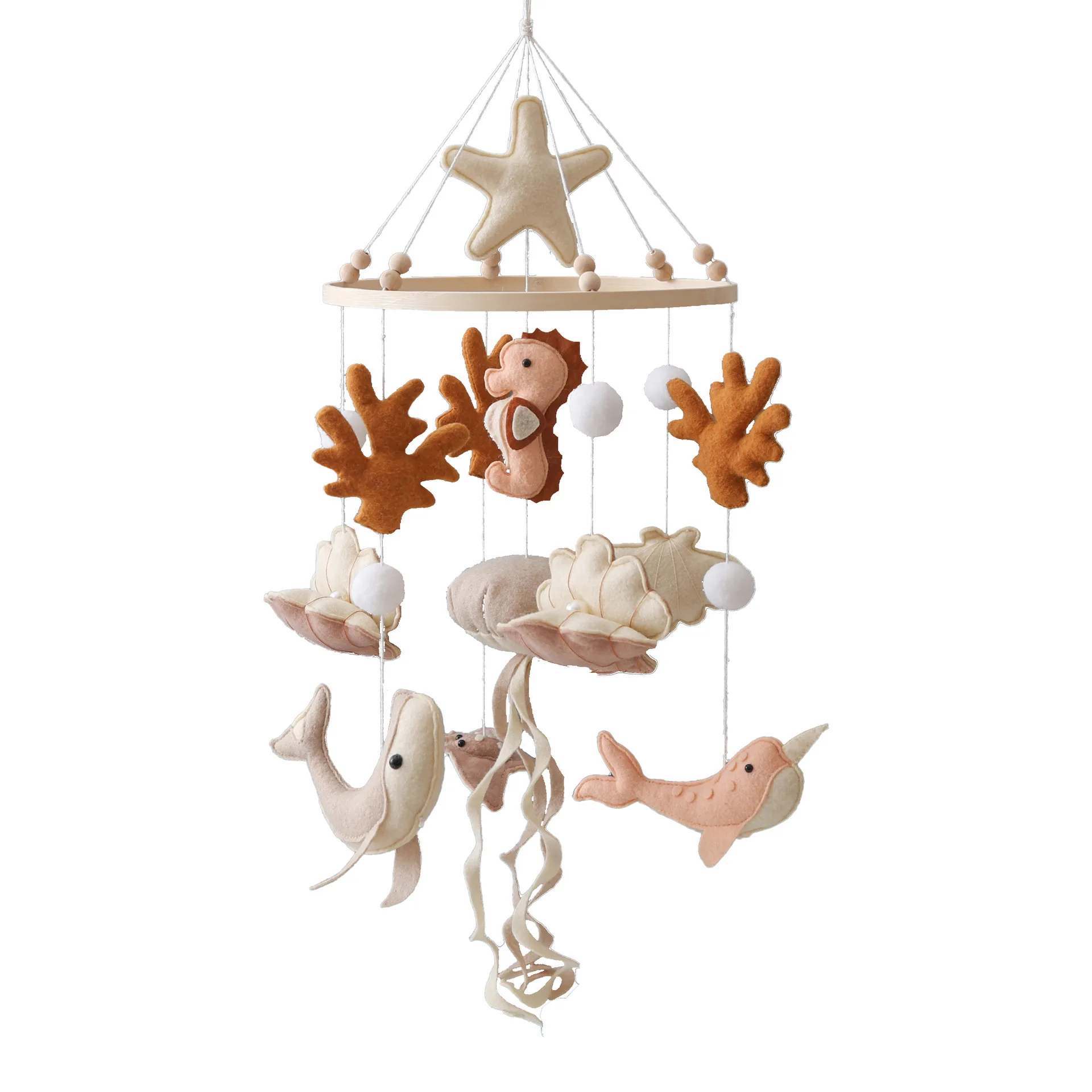 Wooden Crib Mobile Baby Bed Bell Rattle Toy Soft Felt Ocean themed Mobile bracket Newborn Music Box Bed Bell Hanging Bracket Toy