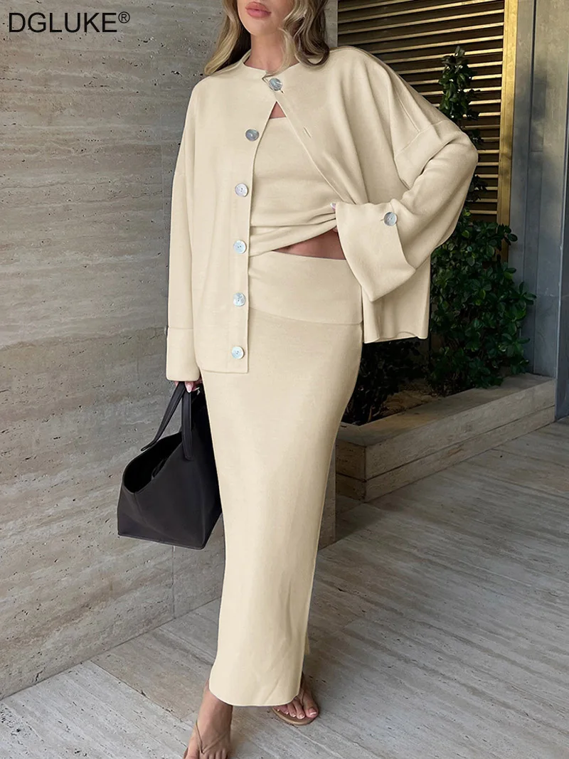 

DGLUKE комплекты из трех трикотажных юбок для женщин, кардиган на пуговицах, свитер, майка, длинная юбка, одинаковые комплекты, одежда для путешествий и отпуска