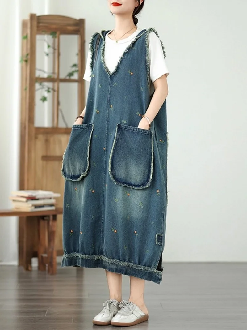 여성용 자수 데님 후드 베스트 드레스 2025 여름 빈티지 루즈핏 큰 포켓 스타일리쉬 오버사이즈 V넥 청 드레스 w269