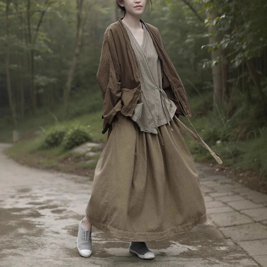 

Design sense cotton and linen skirt literary medium and long drawstring hanging sense big swing skirt fashion casual versatile s