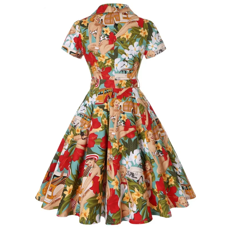 Women Vintage Flower Printing Dress Retro Rockabilly 2023 V-Neck Cocktail Party 1950s Swing Dress Summer Dress Short Sleeves XC5