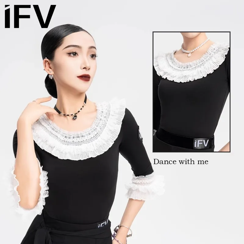 

Customized IFV Latin Modern National Standard Dance Jumpsuit New Lace Lace Lace Mid Sleeve Training Uniform Competition Uniform