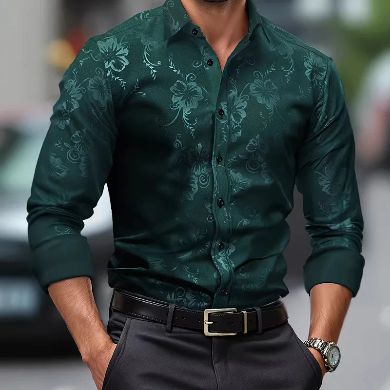 Men's Lapel 3d Printed Casual Shirt Slim-fitting Long-sleeved Four-sided Elastic Shirt