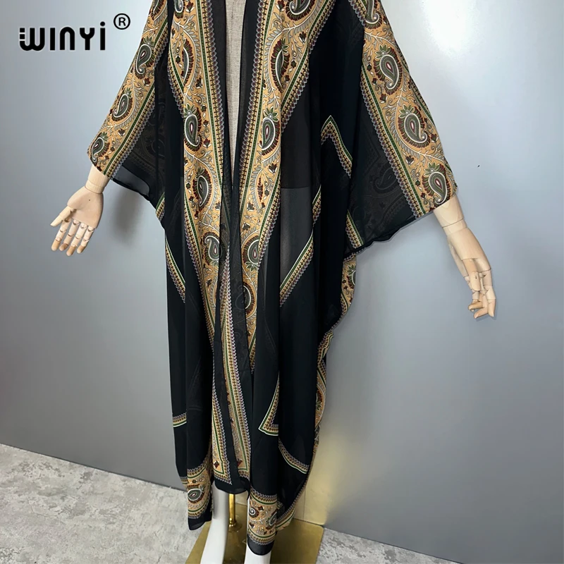 WINYI kimono Classic pattern print sweet lady beach Bohemian long Cardigan Cover-up stitch Casual Boho Maxi Holiday party kimono