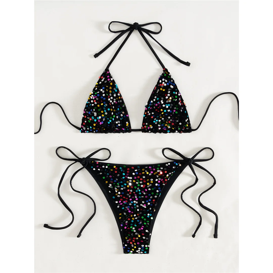 Pailletten-Bikini mit Neckholder, Damen-Badebekleidung, zweiteiliges Bikini-Set, mit Trägern, hoch geschnitten, Badeanzug, Badebekleidung, Modell V8326. – Detail 15