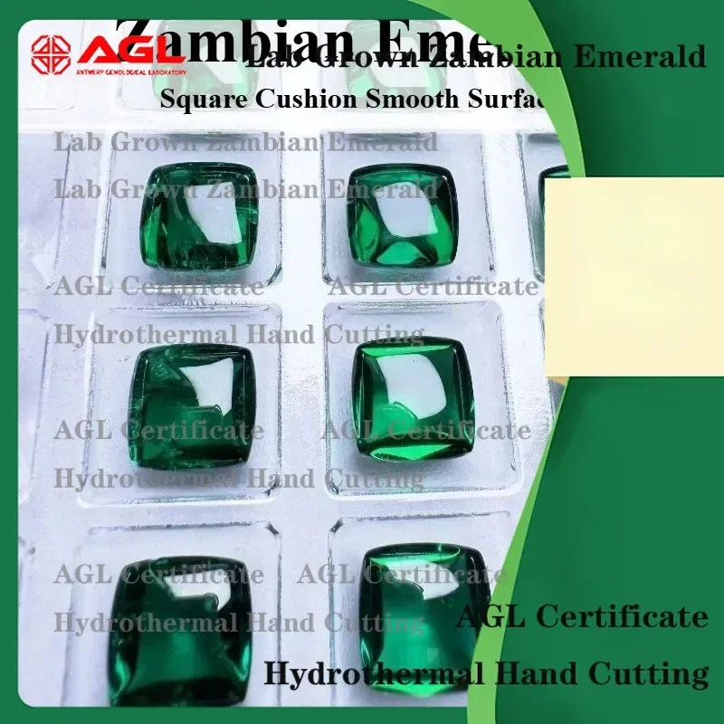 

Lab Grown Zambian Emeralds for Jewelry Making Square Cushion Cut Smooth Surface with Natural Inclusions Cracks AGL Certified