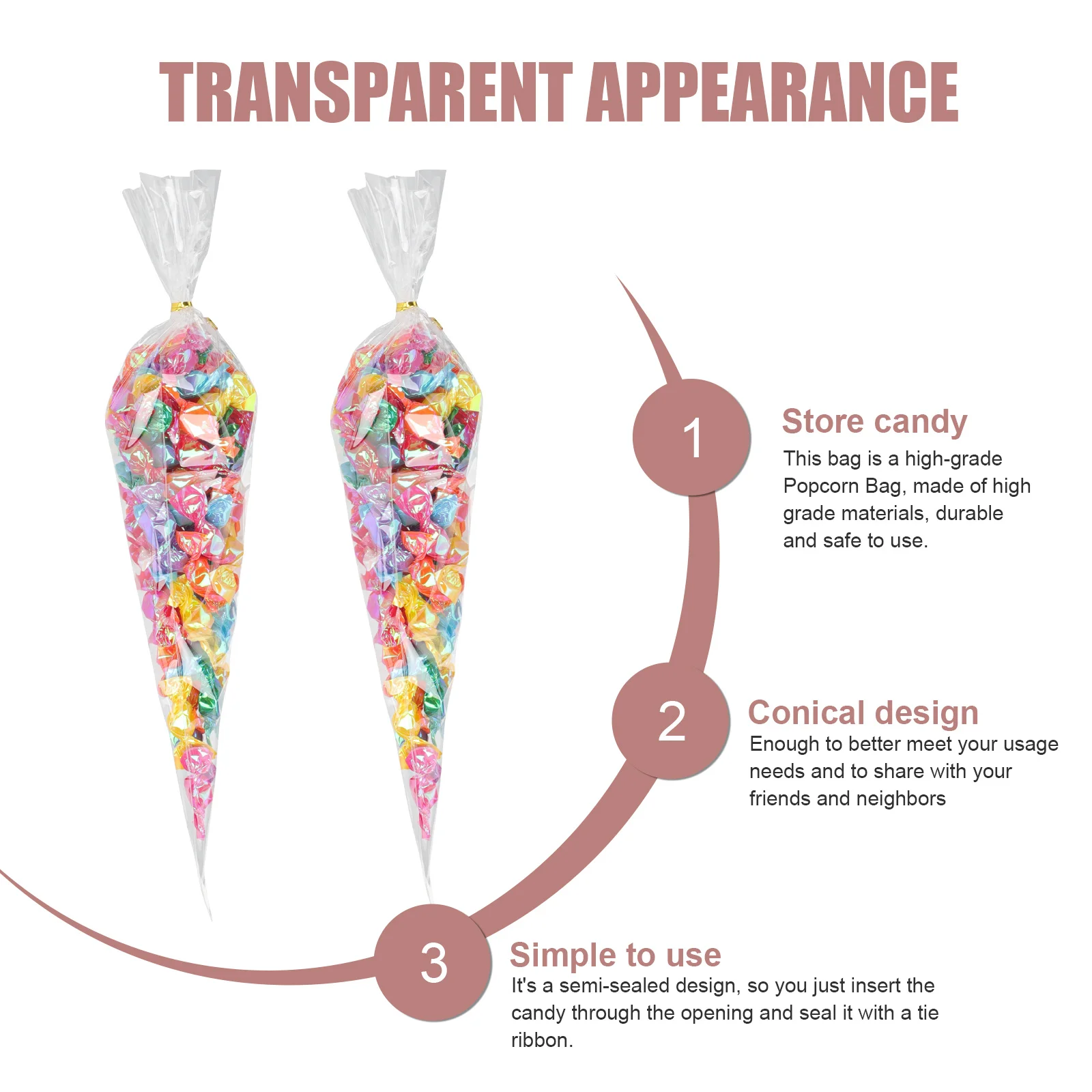 

1Set Cone Shaped Popcorn Bags Transparent Candy Pouches Clear Treat Bags Party Favor Storage Cone Shaped Pouches