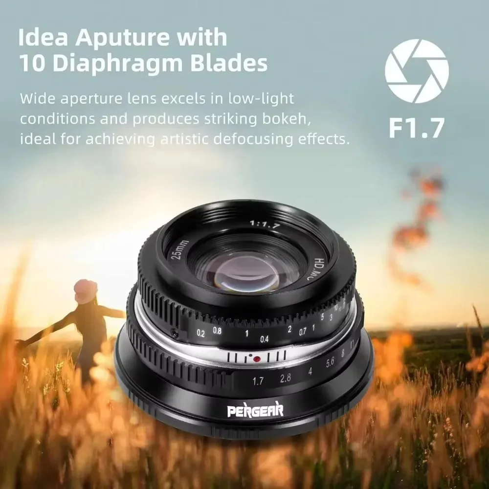 Pergear 25mm F1.7 Manual Camera Lens APS-C for Fuji X Canon RF Nikon Z M4/3 Sony E Mount Large Aperture mirrorless cameras