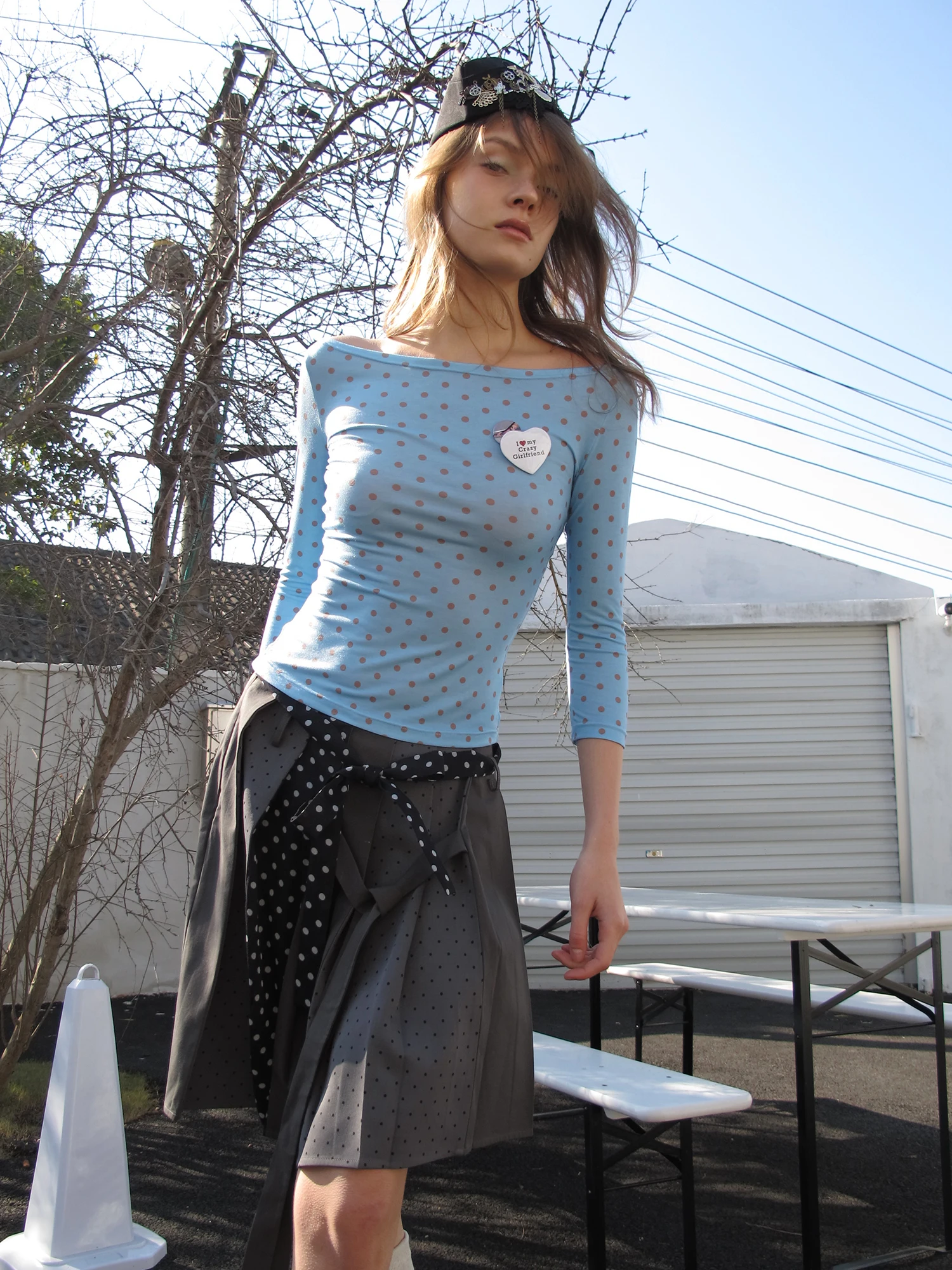 

Sweet Sle Long Sve One oulder T-irt Women's Slim Fit round Ne Base Layer Top Vintage Polka Dot Print Polyester Fiber