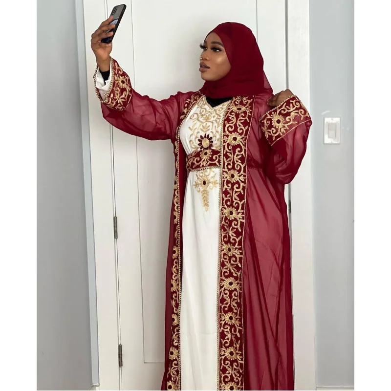 

Maroon Kaftans Farasha Abaya Dress In Dubai Morocco Very Fancy Long Dress European and American Fashion Trend