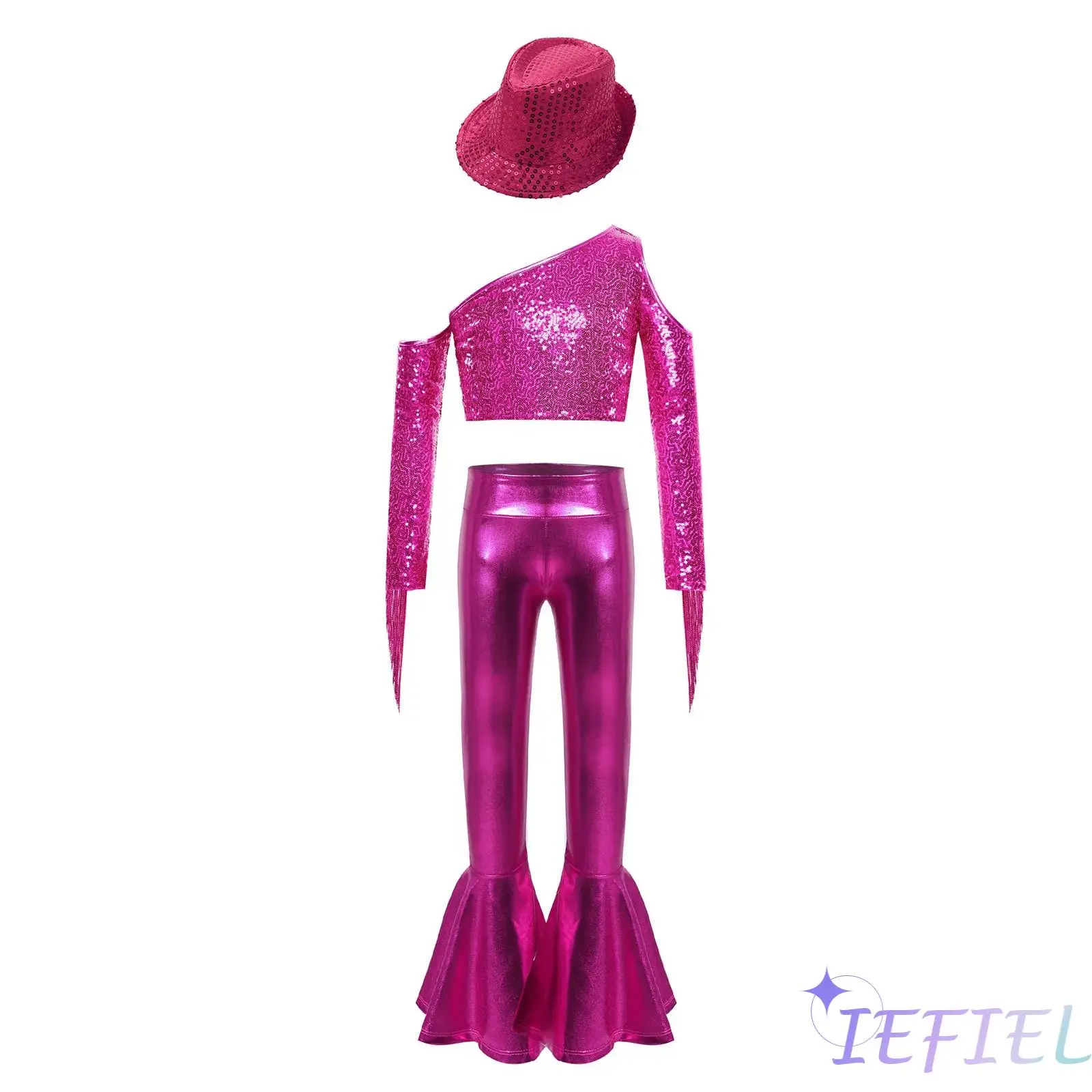 

Костюм для соревнований по джазовым и уличным танцам для девочек: блестящий топ с пайетками и бахромой, металлические расклешенные брюки и шляпа, уличная одежда