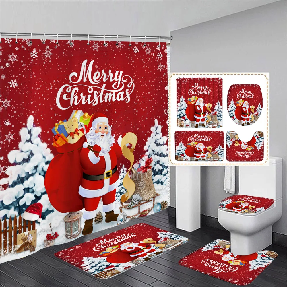 1 Or 4PCS Christmas Snowman Shower Curtains Red Bird Berry Rabbit Snowflake New Year Home Bathroom Curtain Decor With Hooks