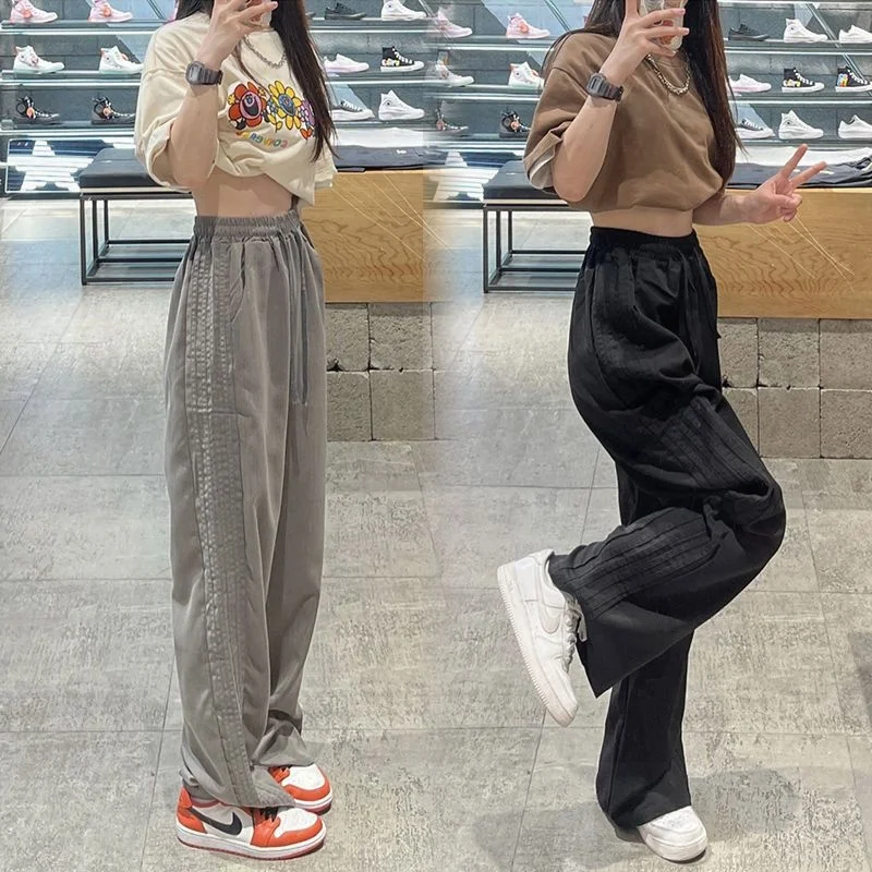 

Летние тонкие брюки с широкими штанинами для женщин, свободного кроя, повседневные прямые брюки-трубы, универсальные уличные длинные брюки с высокой талией из хлопка