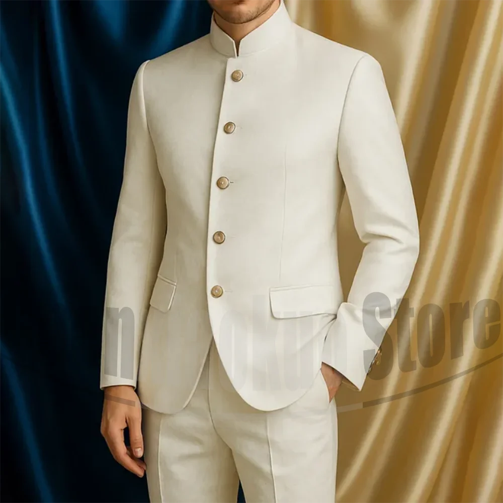 

Мужской комплект из 2-х предметов с воротником-стойкой, приталенный однобортный пиджак и брюки, шикарный элегантный повседневный повседневный наряд для свадьбы и жениха, выпускного вечера