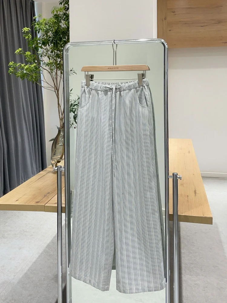 Authentiek Noxiao merk zomer 2025, wijde pijpen broek, string, gestreept, casual, hoge taille, recht gesneden woon-werkverkeer, polyester B...