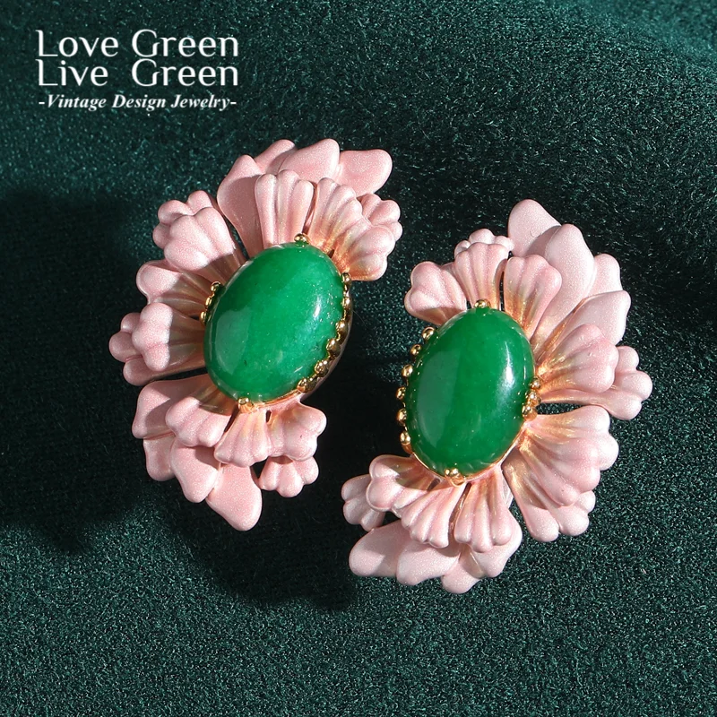 

Vintage Pink Earrings Studs Enamel Half Flower Emerald Green Agate Antique Gold Color Luxury Designer Jewelry Woman Accessories