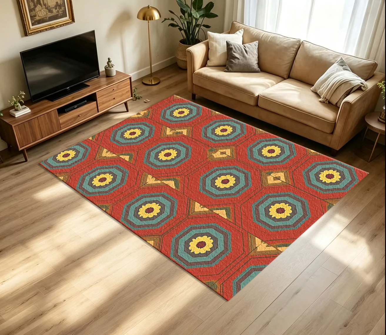 Boho Retro Hexagon Flower Carpet Flooring Vintage Geometric Tile Repeating Pattern Printed Floor Rug for Household Room Home Decoration