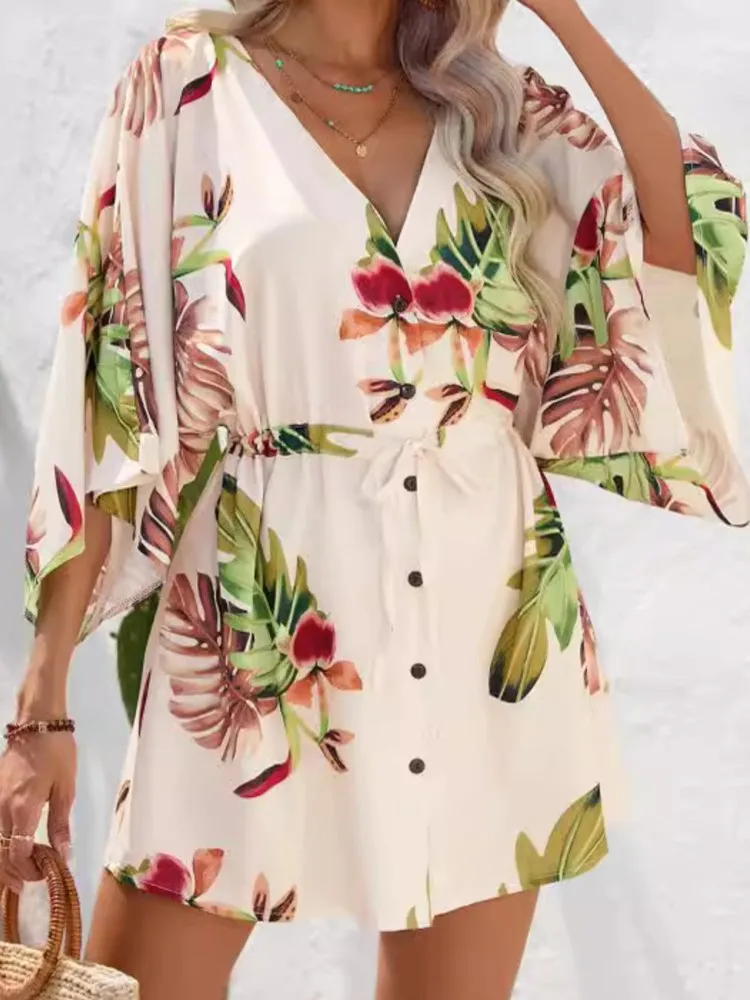 Sukienka plażowa z nadrukiem, damska, modne rękawki 3/4, dekolt w serek, wysoki stan, zapinana na guziki, wiązana, luźna mini sukienka dla kobiet, codzienna, wakacyjna, w stylu boho, nowa.