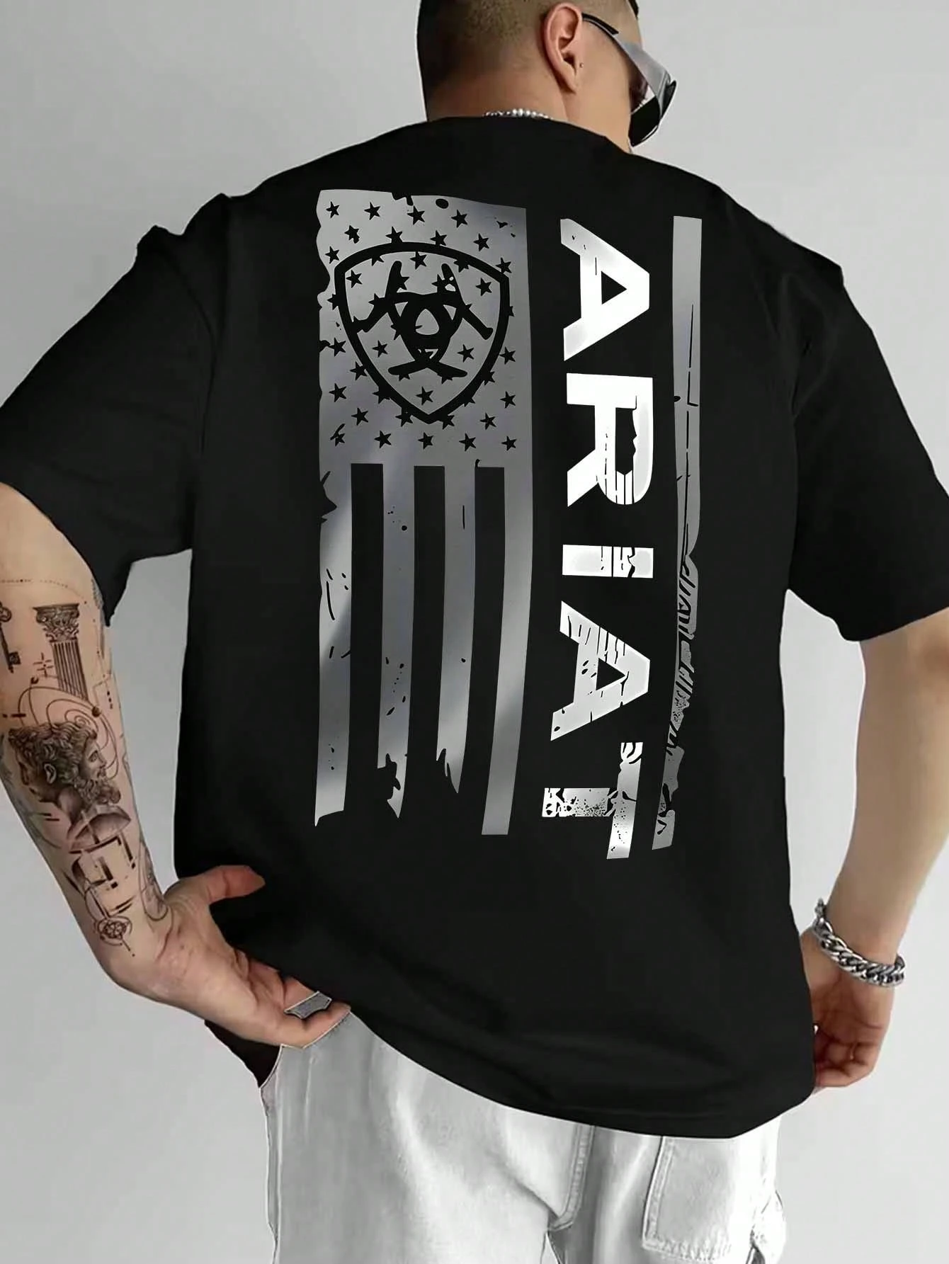 uaddw ARIAT Camiseta desgastada con gráfico de bandera americana para hombre, manga corta con cuello redondo, estilo para todas las estaciones, adecuada para todos los días