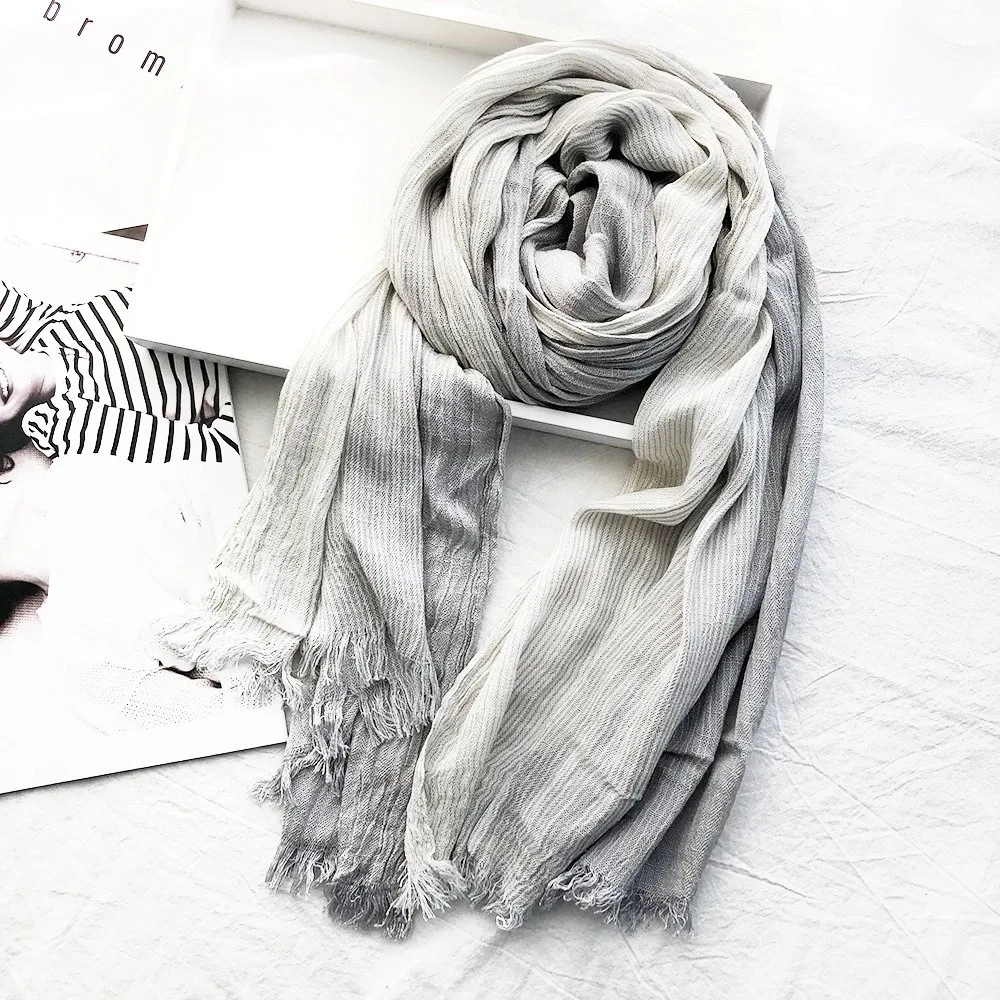 Fashion Cotton Linen Unisex Striped Scarf Wrinkled Soft Long Neckerchief Winter Warm Patchwork Tassel Bufandas Shawls