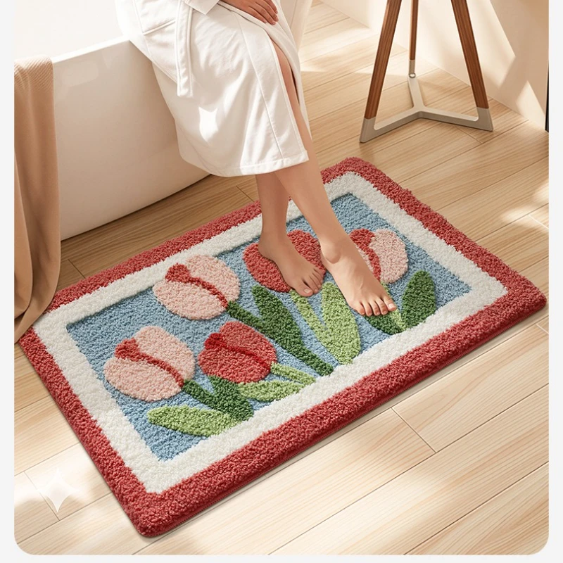 3D Floral Tufted Bath Mat, Thick Dense Microfiber Rug, Absorbent Quick Dry, TPR Non Slip Backing, Fresh Style Decor Mat