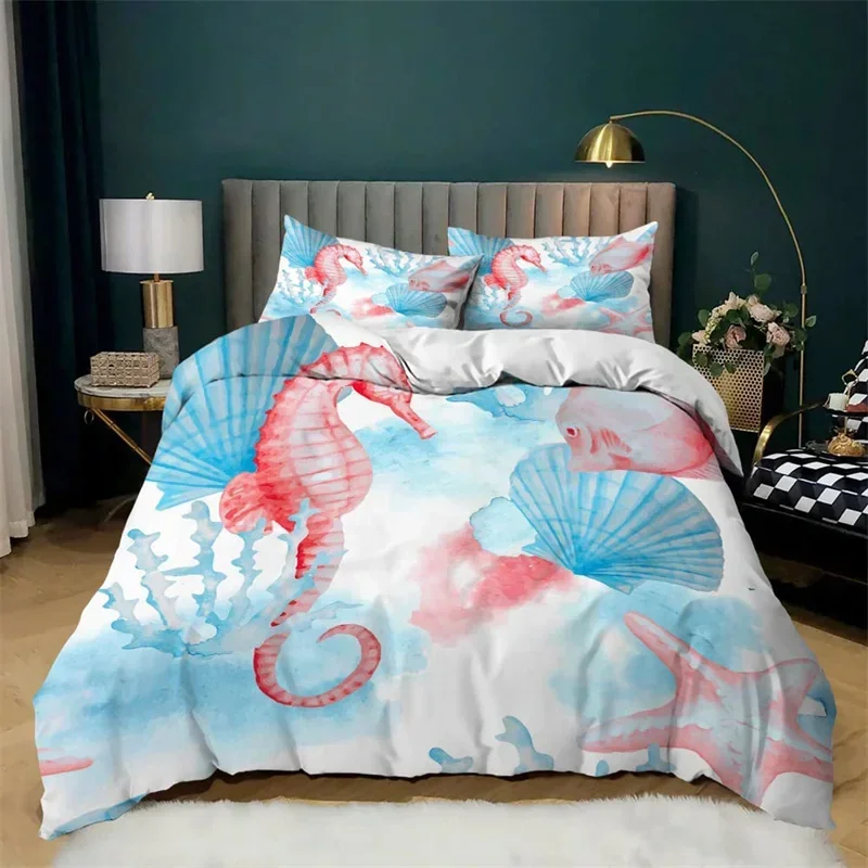 

Комплект постельного белья Ocean King/Queen Size, морское прибрежное постельное белье, пододеяльник с гиппокампом для детей, мальчиков и девочек, пододеяльник с морскими животными
