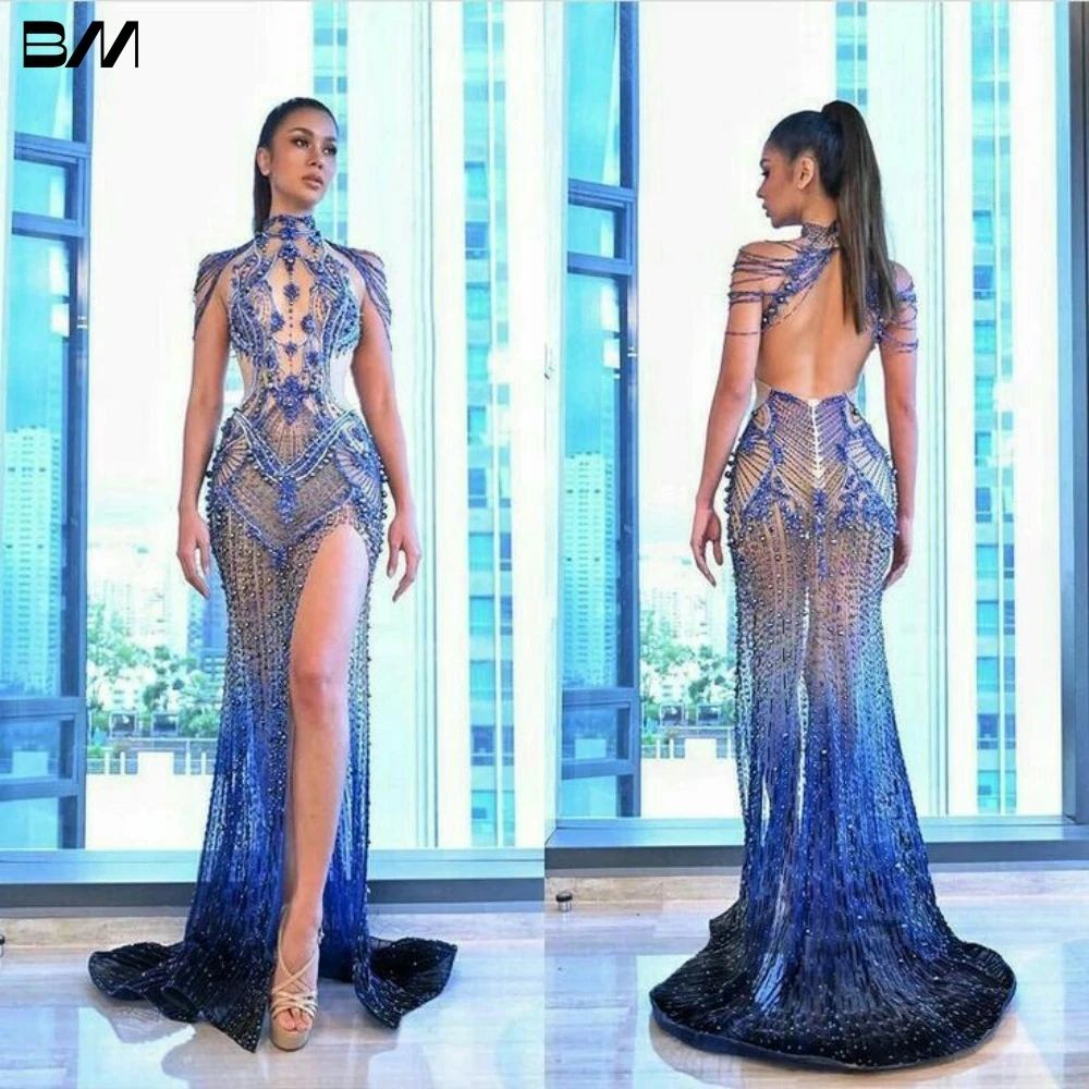 เซ็กซี่ Mermaid Hemline High Slit พรหมชุดหรูหรา Appliques ประดับด้วยลูกปัดคริสตัลภาพลวงตาที่กําหนดเอง Backless Vestidos De Novia