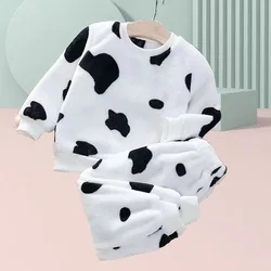 Autumn Winter Flannel Round Neck Pullover Top With Cartoon Cow Pants Children Two-piece Set Casual Simple Girls Boys Home Pajama