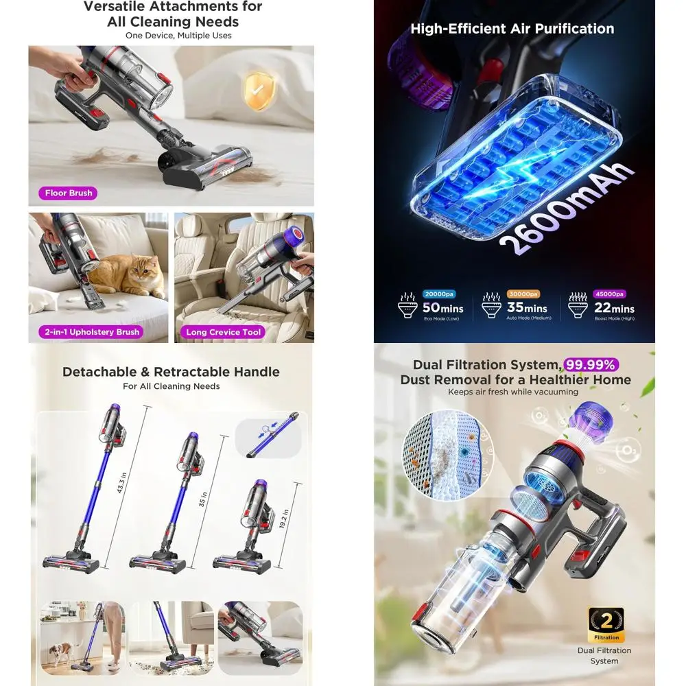 

Wireless Stick Vacuum: Strong Suction, Tangle-Free, Lightweight, 2600mAh Battery for 50 Mins on Pet Hair, Carpets, Hardwood Floo