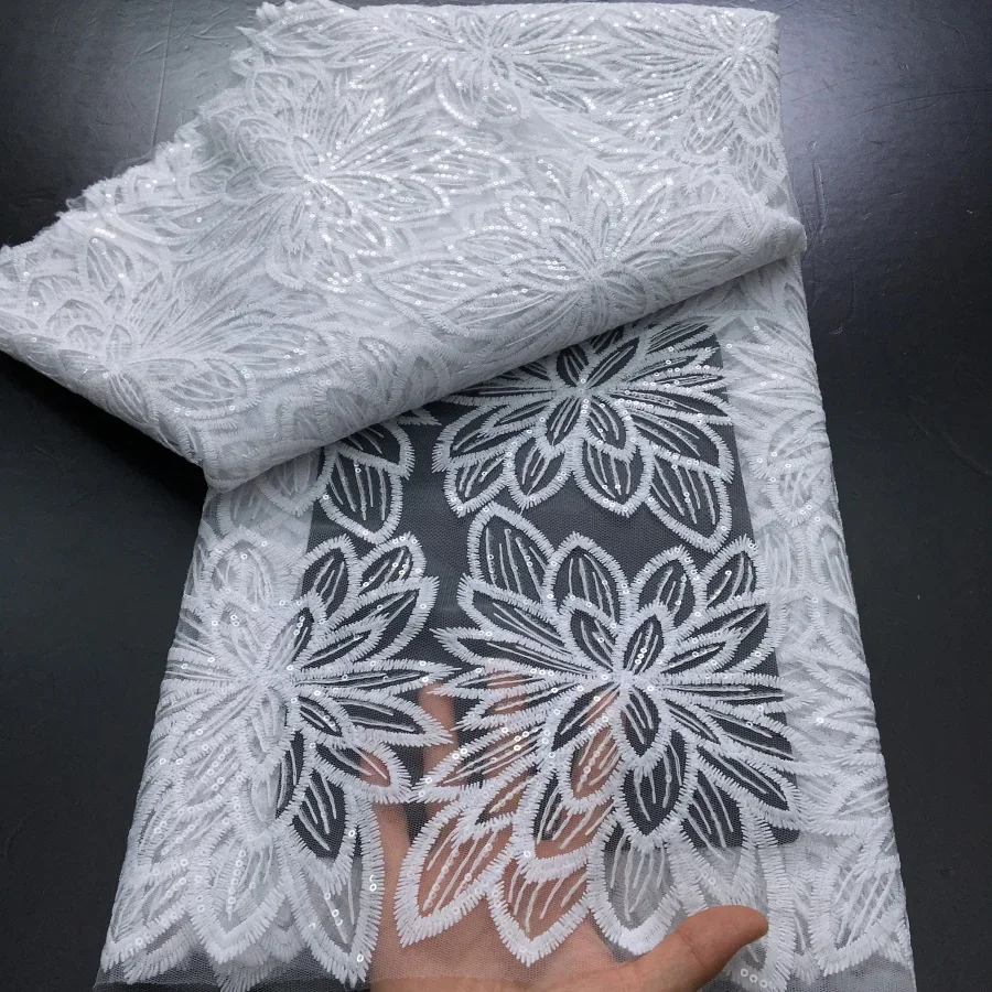 

White French Mesh Tulle Lace Fabric 2025 High Quality 5 Yards African Sequins Lace Fabric Elegant Wedding Dress for Women A4043