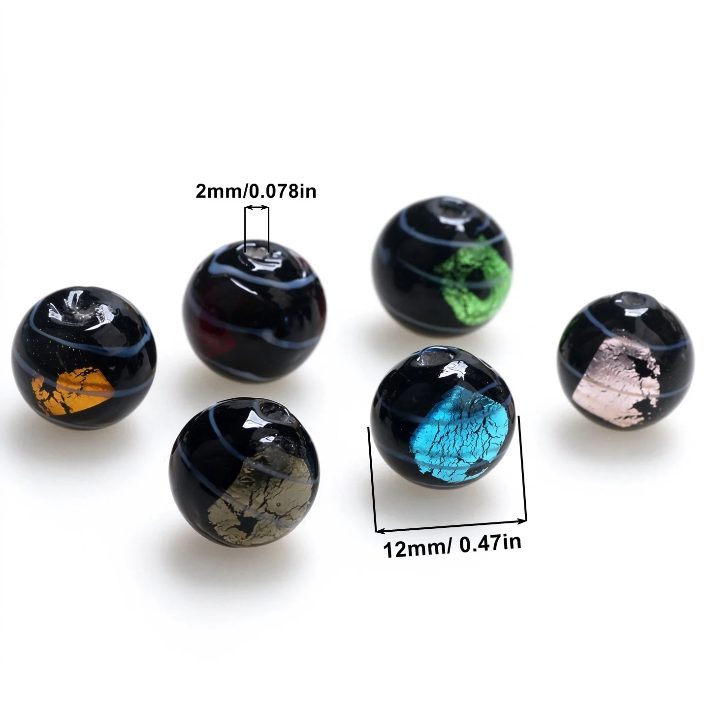 2Pcs 12mm Handmade Black Lampwork Glass Colorful Foil Round Striped Loose Spacer Beads DIY Bracelet Earring Jewelry Making