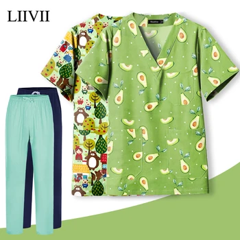 الزي الطبي القطن طباعة ممرضة فرك القمم مستشفى الأسنان التمريض قمصان الكرتون الخامس الرقبة بلوزة الرجال الدعك السريرية السراويل