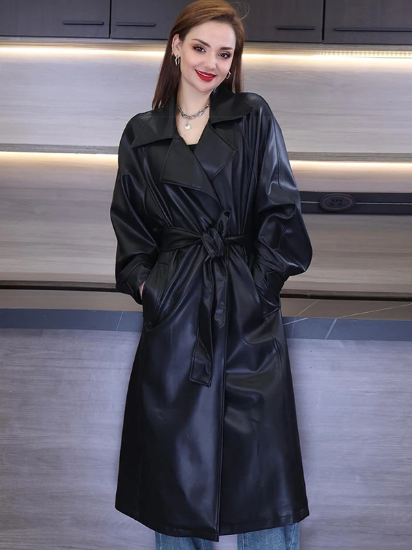 

Ele Bla PU Leather Jaet Women's Mid-Length Over-Knee Loose Sle Spring Autumn New Arrival Faionable Windbreaker